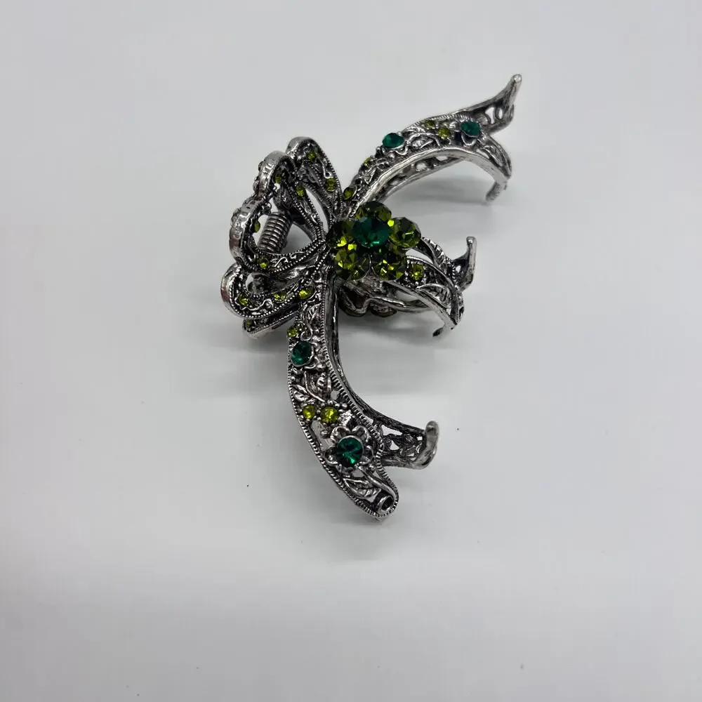 Vintage Claw Clip Silver Tone Floral Green Rhinestones Hair Costume Jewelry